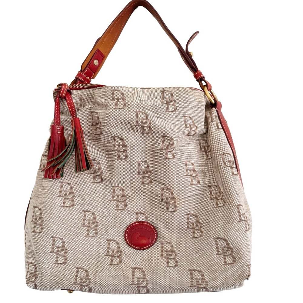 Dooney & Bourke Jacquard Logo Cream Red Tassel Hobo Bag